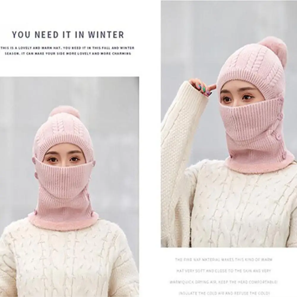 MISSKY Lady Warm One-piece Women Hat-Mask-Scarf Winter Thicken Knitting Wool Ball Riding Outdoor Beanies For Female