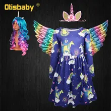 Новогодний костюм принцессы на Хэллоуин с длинными рукавами и принтом лошади для детей от 2 до 10 лет Детское платье с единорогом+ радужные Крылья ангела+ головной убор