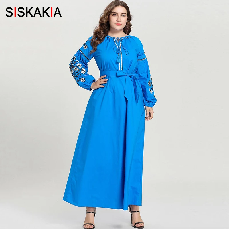 

Siskakia Long Sleeve Dresses Full Cotton Fall 2019 Blue Elegant Women's Plus Size Maxi Long Dress Fashion Muslim Wears 4XL Red
