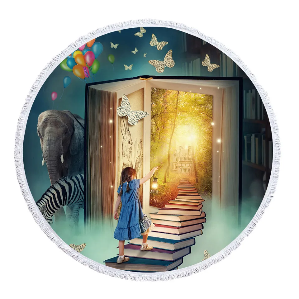 Blesslive маленькая девочка круглый пляжное полотенце книги лестница гобелен Кролик Большой Йога коврик сказочный мир замок Toalla одеяло