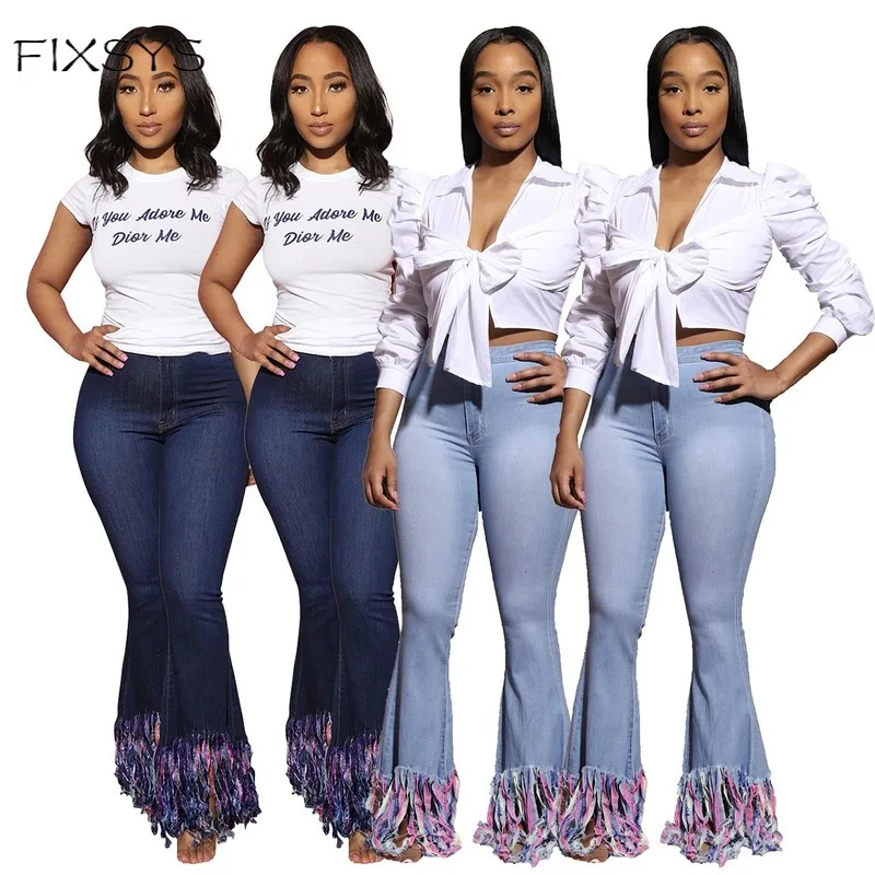 

FIXSYS Multicolor Tassel Washed Jeans Waomen's Solid Color High Waist Wide Leg Denim Jeans Wholesale X1004