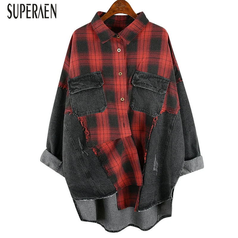 

SuperAen Plaid Shirt Women Stitching Denim 2020 New Casual Spring and Autumn Ladies Blouses and Tops Long Sleeve Women Clothing