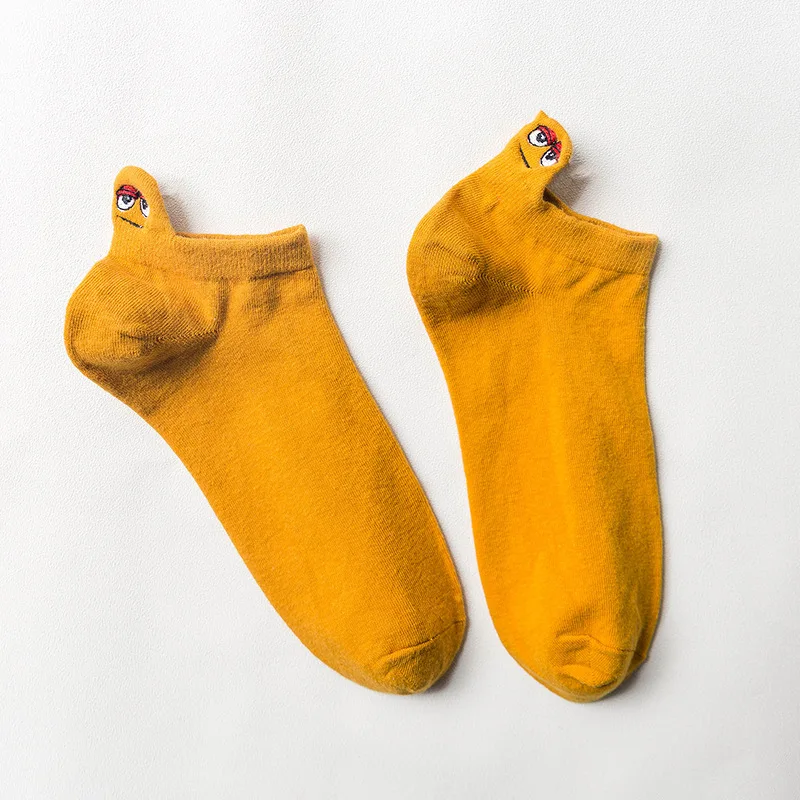 Сезон весна-лето; Хлопковые женские короткие носки с вышитым мультяшным монстром; Kwaii; однотонные дышащие парные носки; милые женские носки; подарок - Цвет: Цвет: желтый