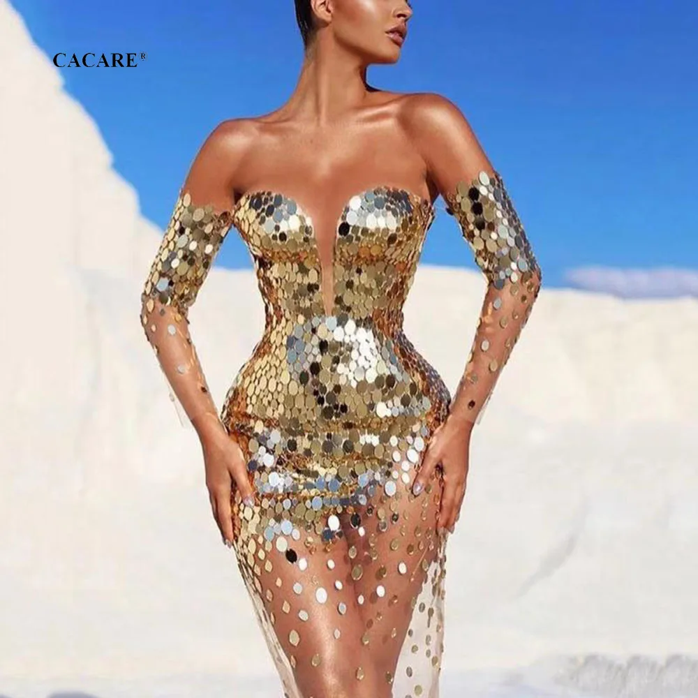 

2022 NEW Evening Dress Sequined Shinny Sexy Prom Dresses Women Gold for Parties Dancing F0151 Mesh Sleeve Hem CACARE