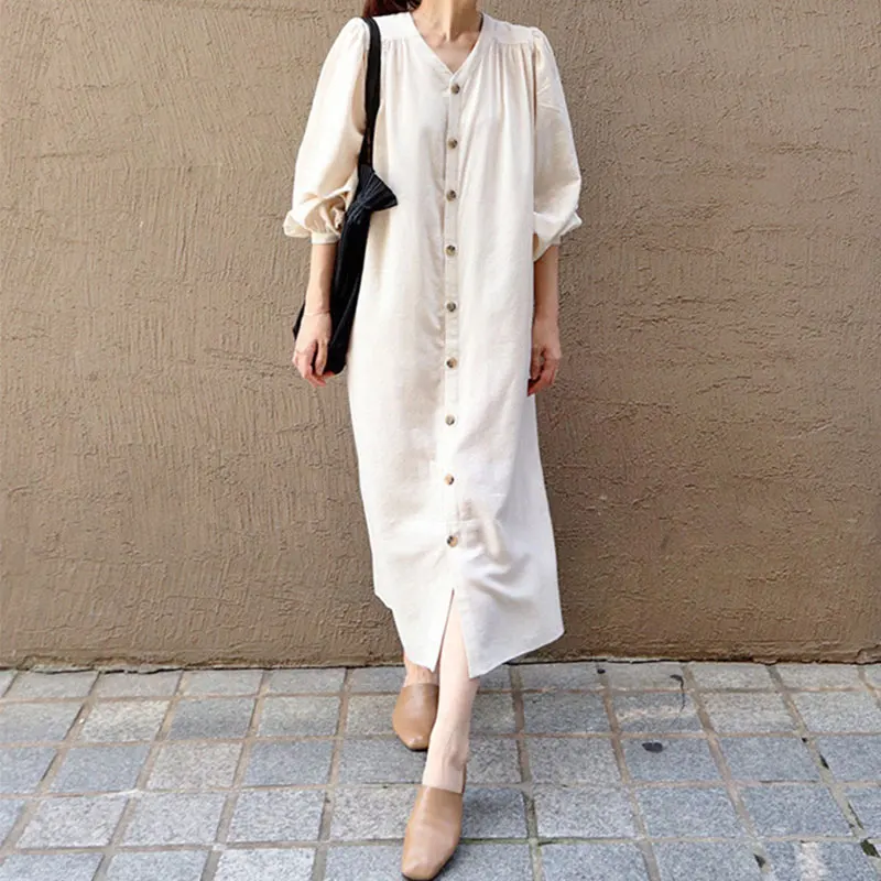 

2020 Women Autumn Cotton Linen V Neck Long Shirt Dress Lantern Sleeve Single Breasted Sashes Loose Midi Dresses Solid Color
