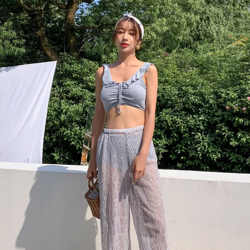 

New Style Summer Bathing Suit Women's Simple Drawstring Flounced Split Type Bikini Swimwear Lace Beach Shorts Belly Covering Sli