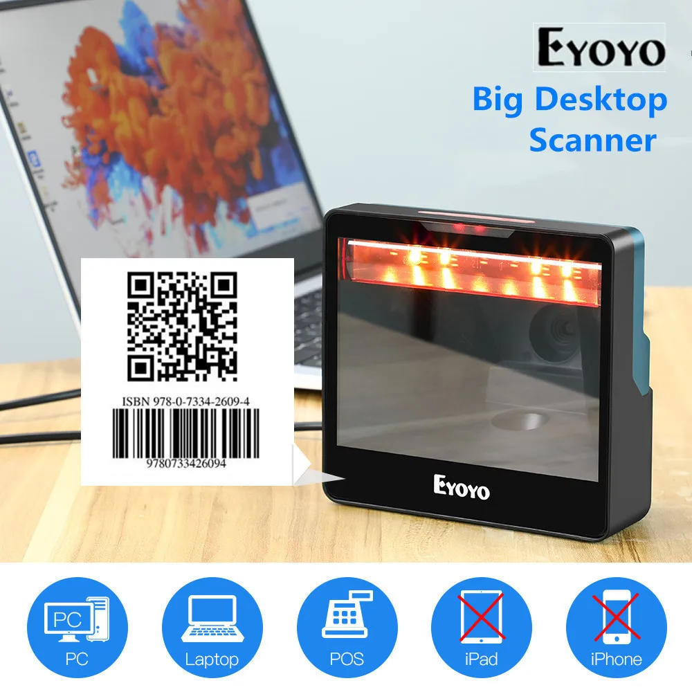 Eyoyo Big Desktop Barcode Scanner Omnidirectional Wired USB Barcode Reader 1D QR 2D Screen Barcodes Scanning Platform Scanner barcode scanner