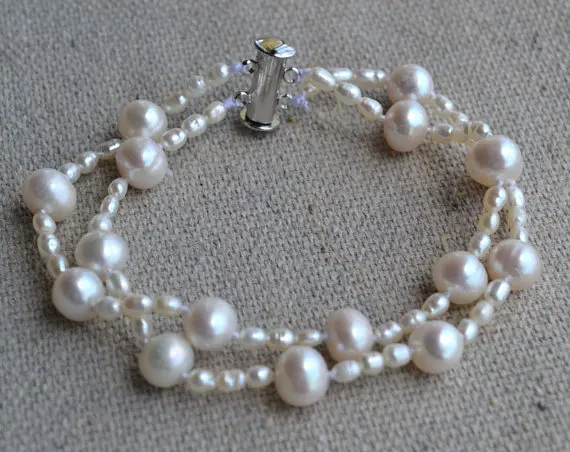 

New Style Favorite Pearl Bracelet 3-8mm 2 Rows White Color Genuine Freshwater Pearl Jewelry Wedding Birthday Charming Lady Gift