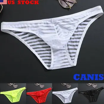 

New Mens Low-rise Bulge Pouch Thong T-back G-string Erotic Briefs Striped Mesh See-Though Sexy G-String Underwear Underpants Lot