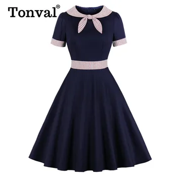 

Tonval Contrast Striped Bow Neck Slim Elegant Party Autumn Dress Women Vintage Robe Femme Pinup Swing Cotton Dresses