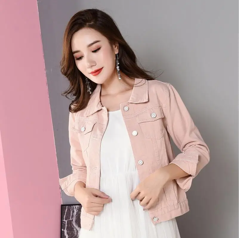 Модная Джинсовая куртка Женская Весенняя 2XL XL Осенняя ручная кисть с длинным рукавом стрейч короткая джинсовая куртка Белый Розовый Пальто - Цвет: Lotus color