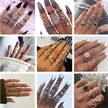 

25 Style Crystal Heart Leaf Knuckle Rings Sets for Women Vintage Midi Finger Rings Jewelry Boho Silver Party Bague Female SALE
