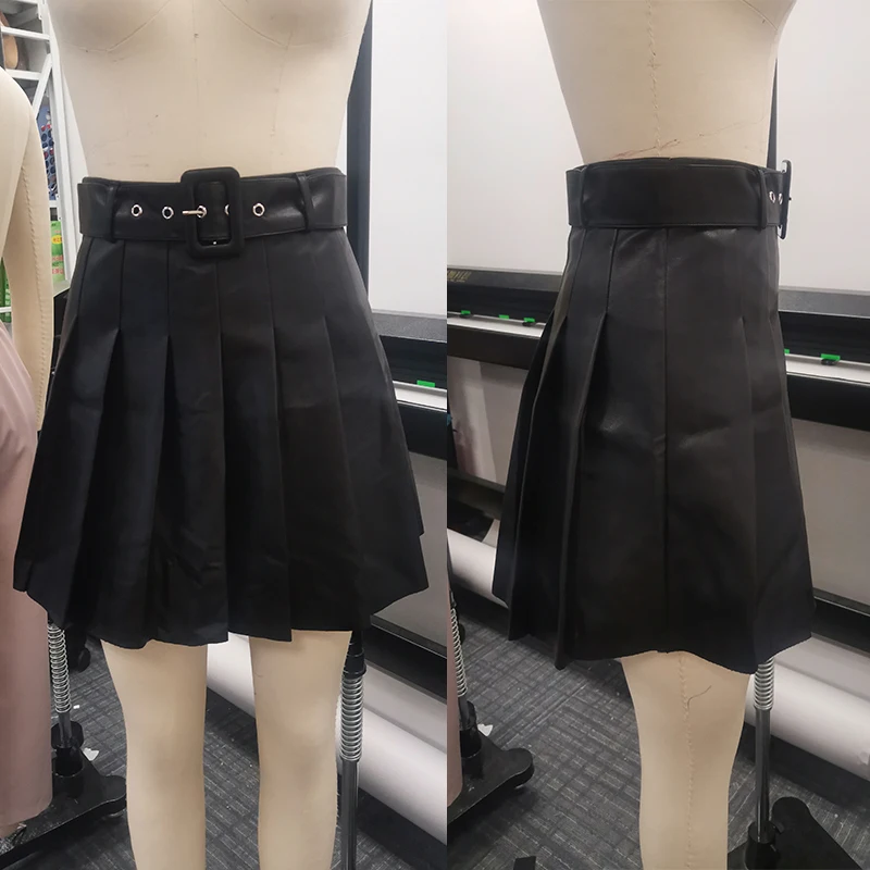 Simplee Fashion artificial leather womens Mini Skirt Striped button A-line short skirt High Street Black Leather Skirt autumn