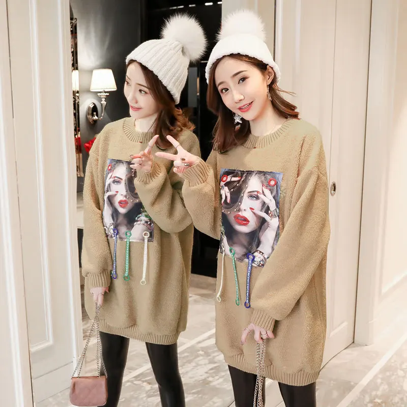 

Maternity Clothes 2019 Autumn And Winter Brushed And Thick Loose-Fit Korean-style Mid-length Hoodie Dress
