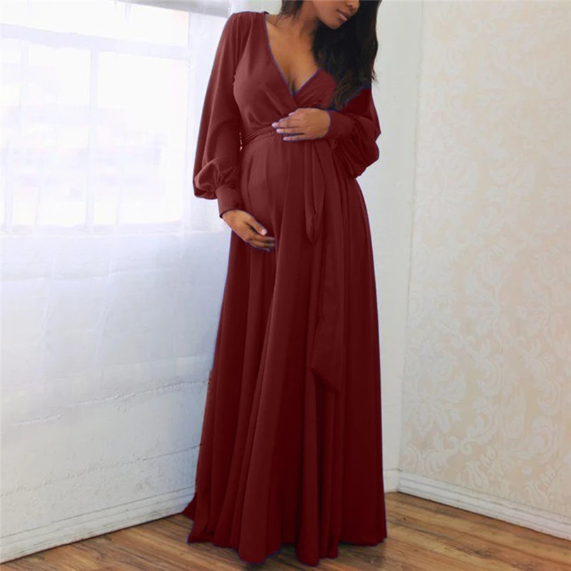 Женское платье макси для беременных с длинным рукавом, реквизит для фотосъемки, однотонные, с рюшами, сексуальные, с v-образным вырезом, модные элегантные платья для беременных, A30