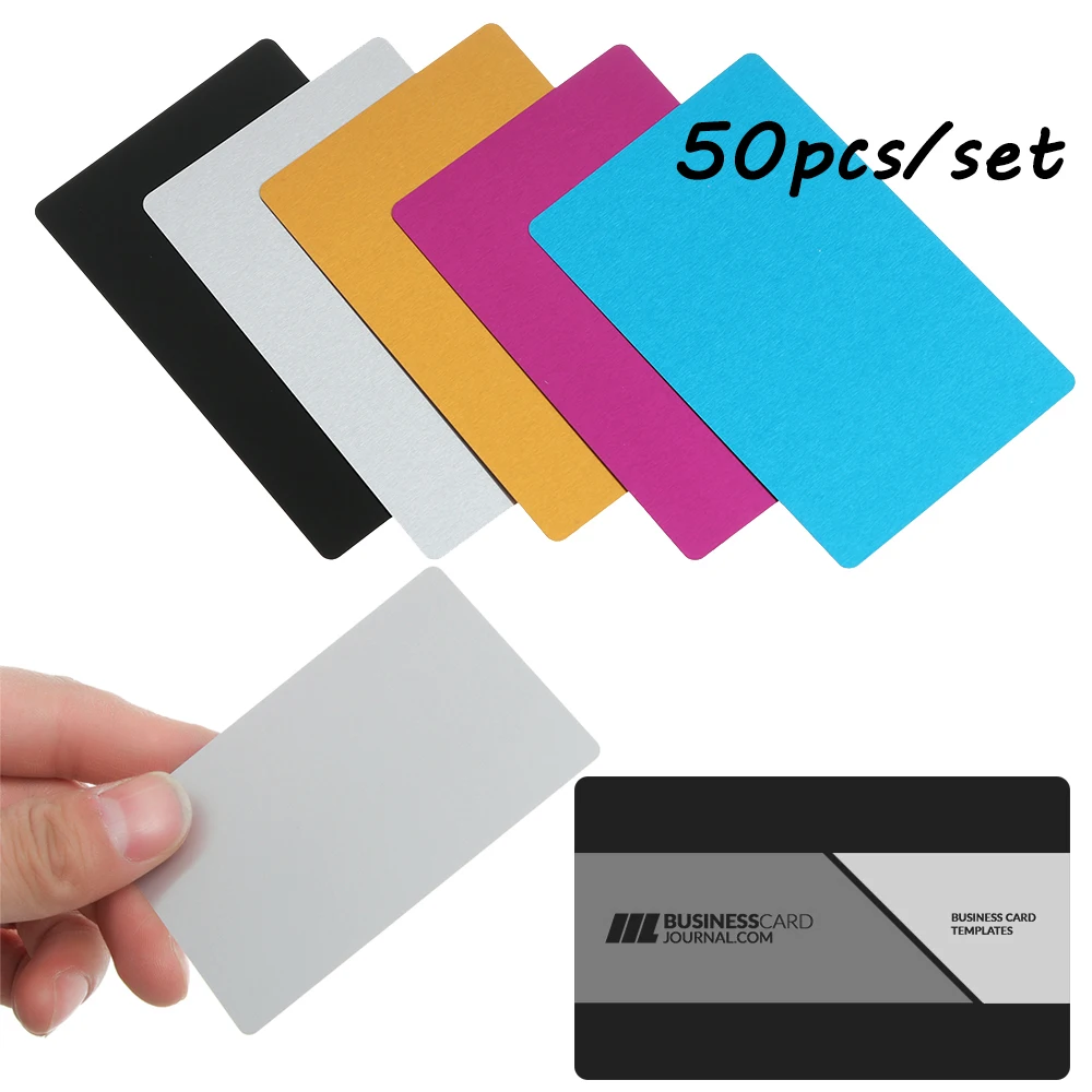 Azul 50 Uds tarjetas de visita de metal tarjetas de visita en blanco tarjeta de grabado de aleación de aluminio 0,22mm/8,6x5,4 cm tarjetas de cliente de oficina 