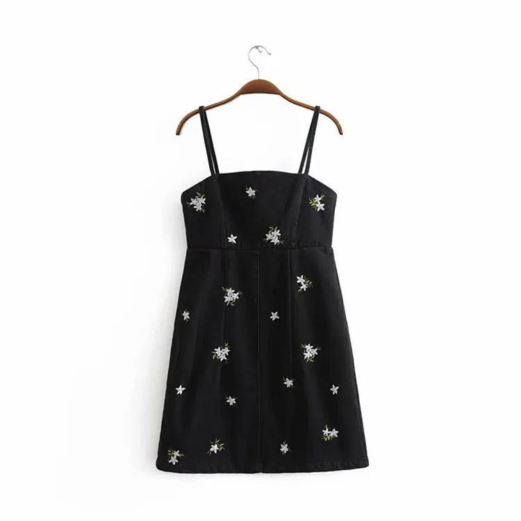 

2018 Europe And America Summer New Style Women's Dress Slim Fit Slimming Embroidered Cowboy Washing Strapped Dress Short Skirt