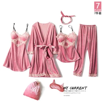 

Sexy Lace Pajamas Set 4pcs Velvet Kimono Bath Robe Autumn New Women Pyjamas Suit Bride Bridesmaid Wedding Robe Home Dress