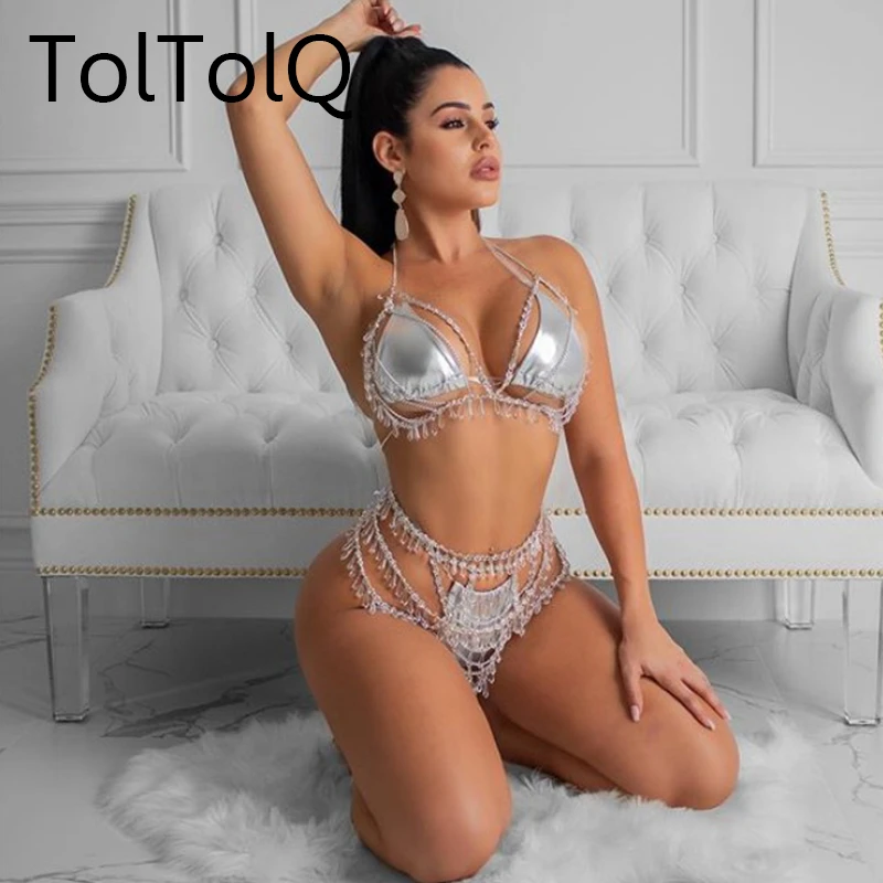 

Crystal Sequin Handmade Women 2 Piece Sets Wild Metal Tassel Chain Crop Top And Skirt Festival Rave Party Sexy Outfits