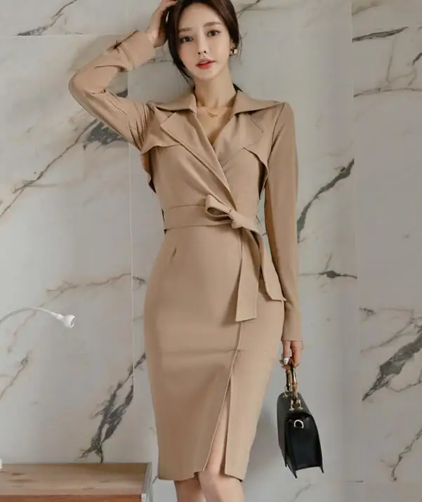 

High Quality 2019 Autumn Winter New Arrival OL Style Turn-down Collar Long Sleeve Woman Slim Jag Long Dress Khaki