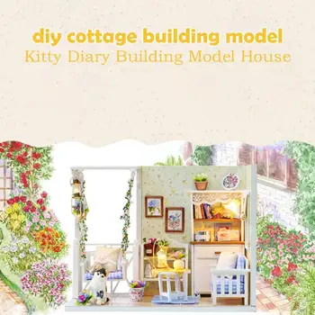 

Kitten Diary Wooden Dollhouse Miniature Building Model Household Toys Children Gifts Dust-proof Cover Decoration
