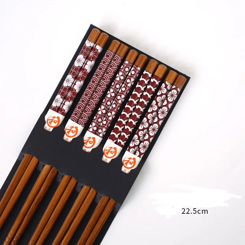 Многоразовые 5 пар набор ручной работы бамбуковые японские натуральные деревянные палочки для суши еда кошка цветок разные цвета, дерево Chop палочки - Цвет: G