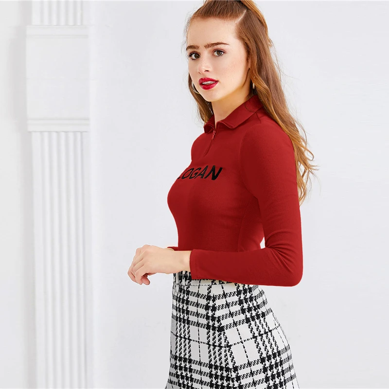 SHEIN x Madelaine трикотажная футболка на молнии спереди в рубчик с буквенным принтом, женские топы, осенняя одежда для активного отдыха, футболки