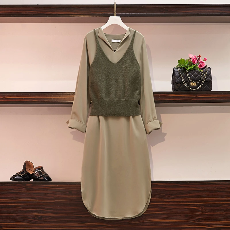 olive green Женское осеннее платье-рубашка размера плюс и вязаный жилет, Одноцветный Женский повседневный комплект из двух предметов, Женский комплект одежды для работы - Цвет: olive green