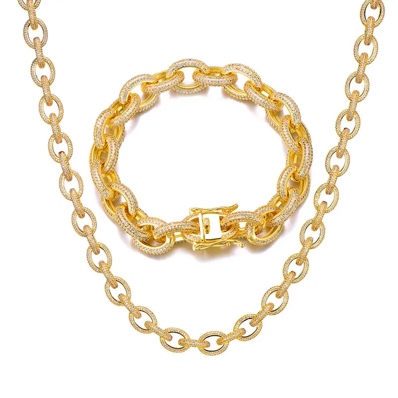 1set Gold 12 мм Iced Out AAA CZ витые овальные кубинские звенья цепи ожерелье большая застежка золото, серебристый циркониевый для мужчин медные ювелирные изделия - Окраска металла: 1set Gold