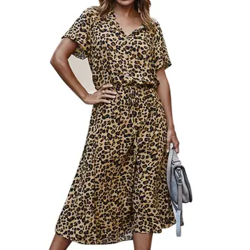 

Fashionable Leopard Print Women Summer Midi Dresses High Waist V-Neck Short Sleeve A-line Vintage Elegant Vestidos
