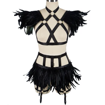 

Black Feather Body Harness Set for Women Crop Tops Cage Sexy Lingerie Elastic Adjust Skirt Garter Punk Goth Pole Dance Club Rave