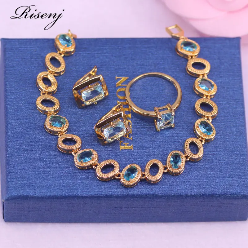Pure Lake Blue Zircon Rose Gold Costume Jewelry For Women Hoop Earrings Ring With Bracelet Set Bridal Big Promotion | Украшения и