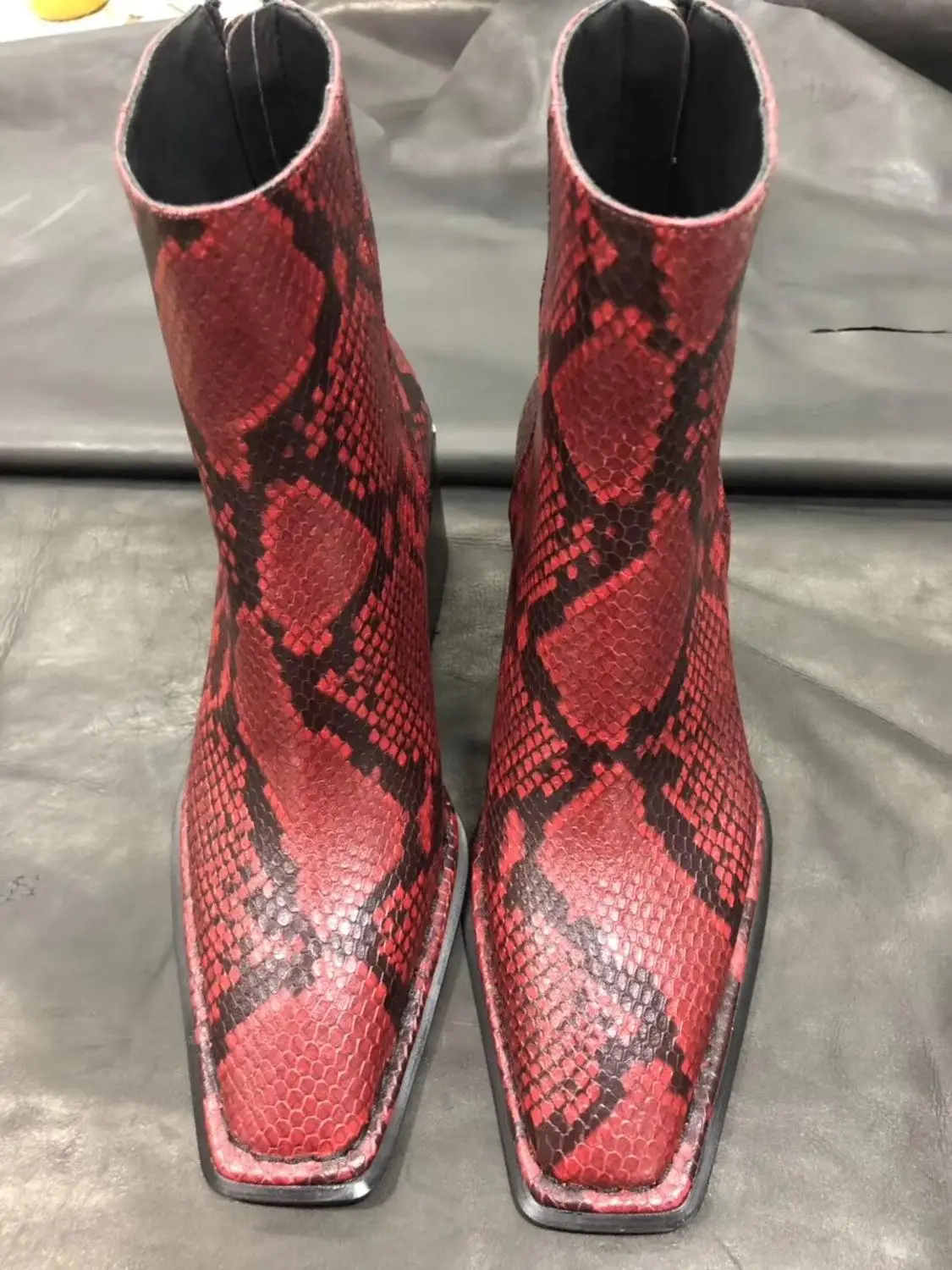 

2019 Snakeskin Block brand high Heel Boots Women Ankle Boots Real Leather Winter Booties Female Chelsea Boots