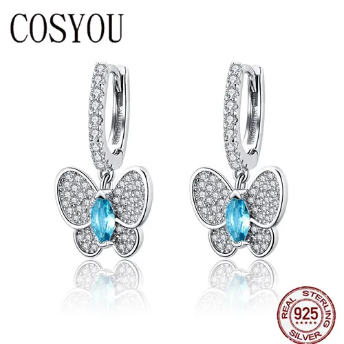 

COSYOU Genuine 925 Sterling Silver Luminous Clear CZ Butterfly Crystal Drop Earrings for Women Wedding Engagement Jewelry SCE513