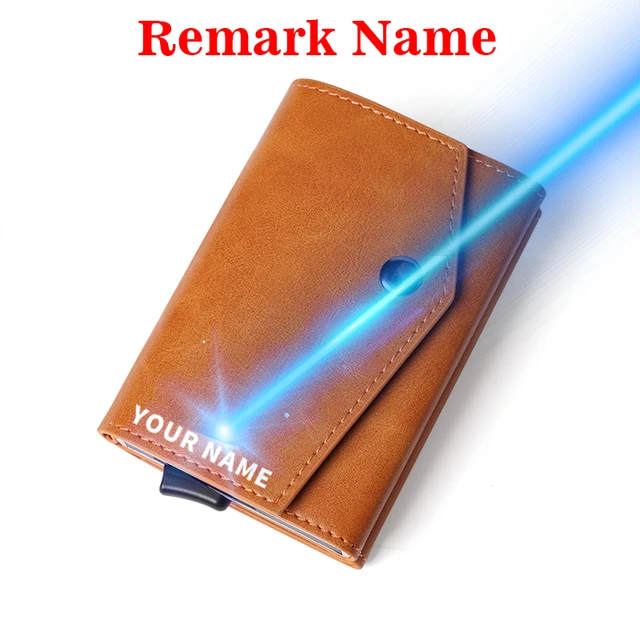 Aluminum Metal Pop up Credit Card Wallet 2021 New Fashion Men RFID NFC Protection Tri-fold PU Synthetic Vintage Smart  Wallet Brown(Name Service)