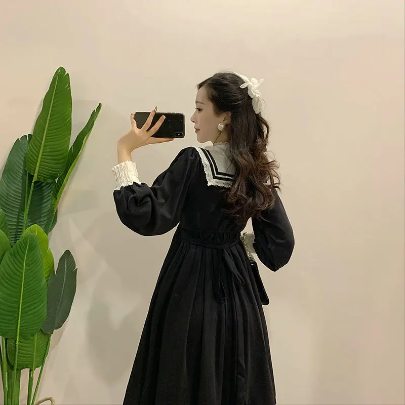 Gothic Lolita Retro Hepburn style little black dress navy collar ruffled dress long sleeve princess kawaii lolita dress,lolita suspender dress,lolita cosplay costumes,suspender dress,lolita skirt,lolita blouses