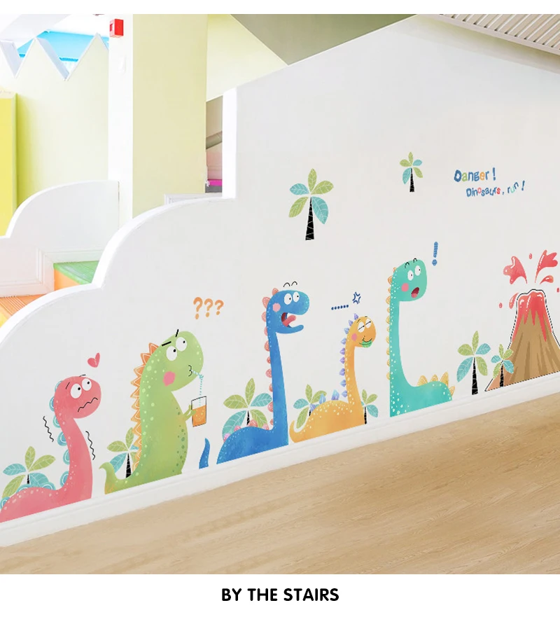 Cartoon volcano little dinosaur wall stickers creative kids room decoration cute sticker self-adhesive baby bedroom wall decor
