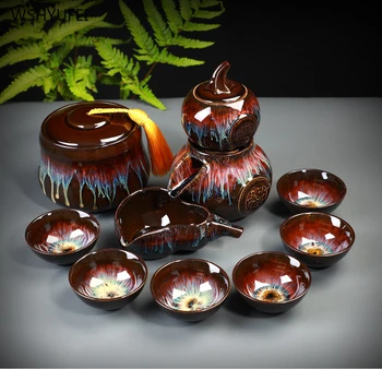 

9Pcs Jianye Tianmu kiln enamel sand gold glaze dish teapot rotating water storage tea ceremony accessories ceramic tea set