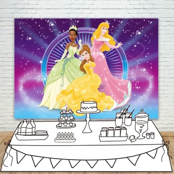 

Cartoon Aurora Belle Tiana Princess Background for Girl Baby Birthday Party Photography Purple Glitter Backdrop for Party Banner