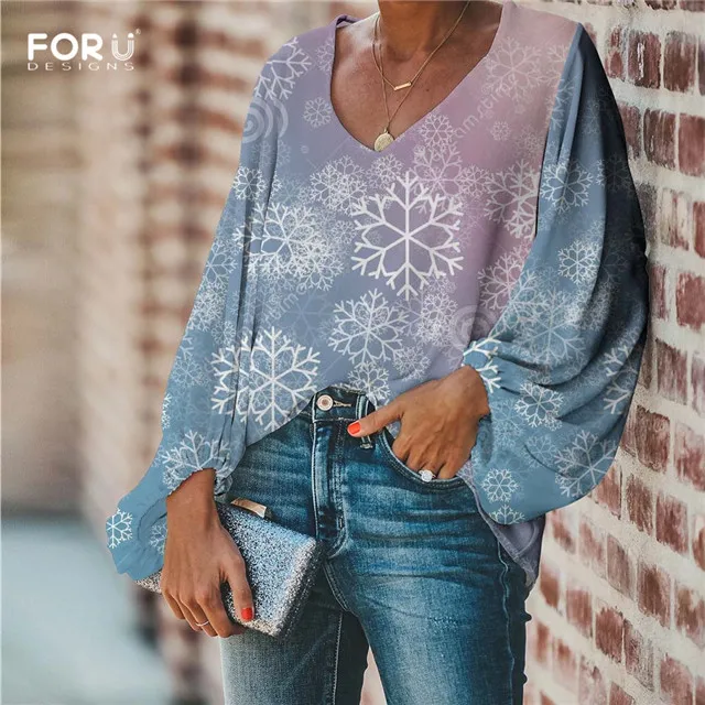 FORUDESIGNS/женские шифоновые блузки с v-образным вырезом, повседневные, с рукавом-шаром, красивые, с принтом снежинки, для девочек, мягкие, вечерние, для улицы, рубашки - Цвет: HML075B2