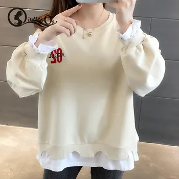 

Sweatshirt Women Fashion Letter Fake Two Pieces Sweatshirt Simple Casual Round Neck Long-sleeved Thick Pullover For Women