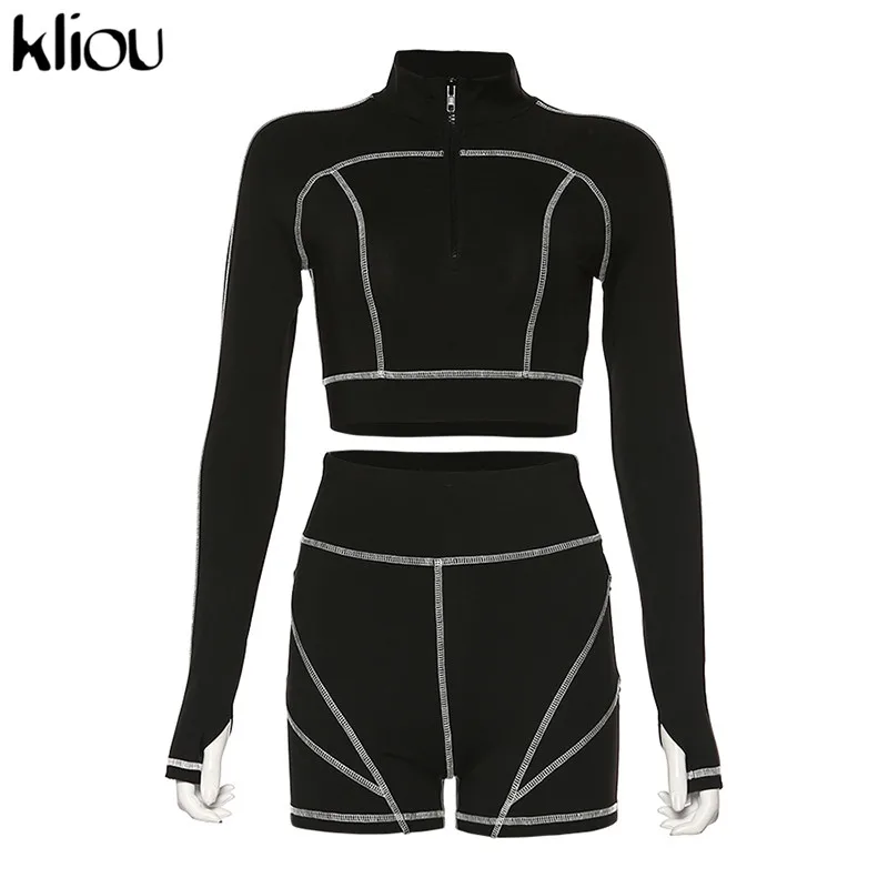 Kliou женский короткий топ с длинным рукавом+ шорты, спортивный костюм, комплект из двух предметов, белые линии, пэчворк, тонкий, для бега, одежда для фитнеса, спортивная одежда - Цвет: Черный