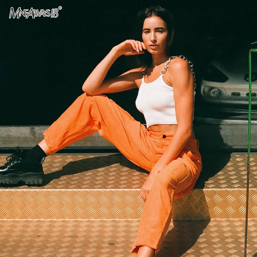 Mnealways18, свободные зимние брюки-карго, уличная одежда, повседневные оранжевые брюки, женские штаны с высокой талией и множеством карманов, женские штаны, осень