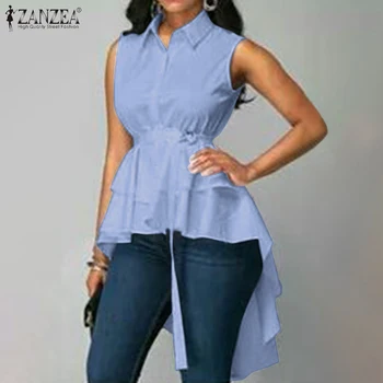 

Fashion Asymmetrical Tops Women's Sleeveless Blouse 2020 ZANZEA Casual Summer High Low Shirts Female Button Blusas Belted Tunic