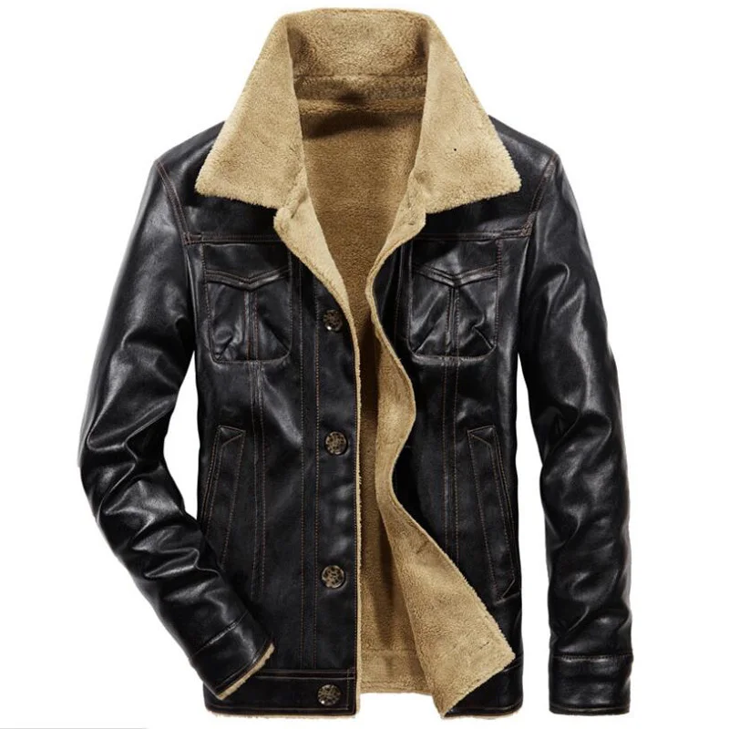 Куртка-бомбер, Мужская зимняя теплая меховая куртка, Мужская ветровка, верхняя одежда с карманами, мотоциклетная кожаная куртка, бейсбольные куртки из искусственной кожи, 4XL - Цвет: Black
