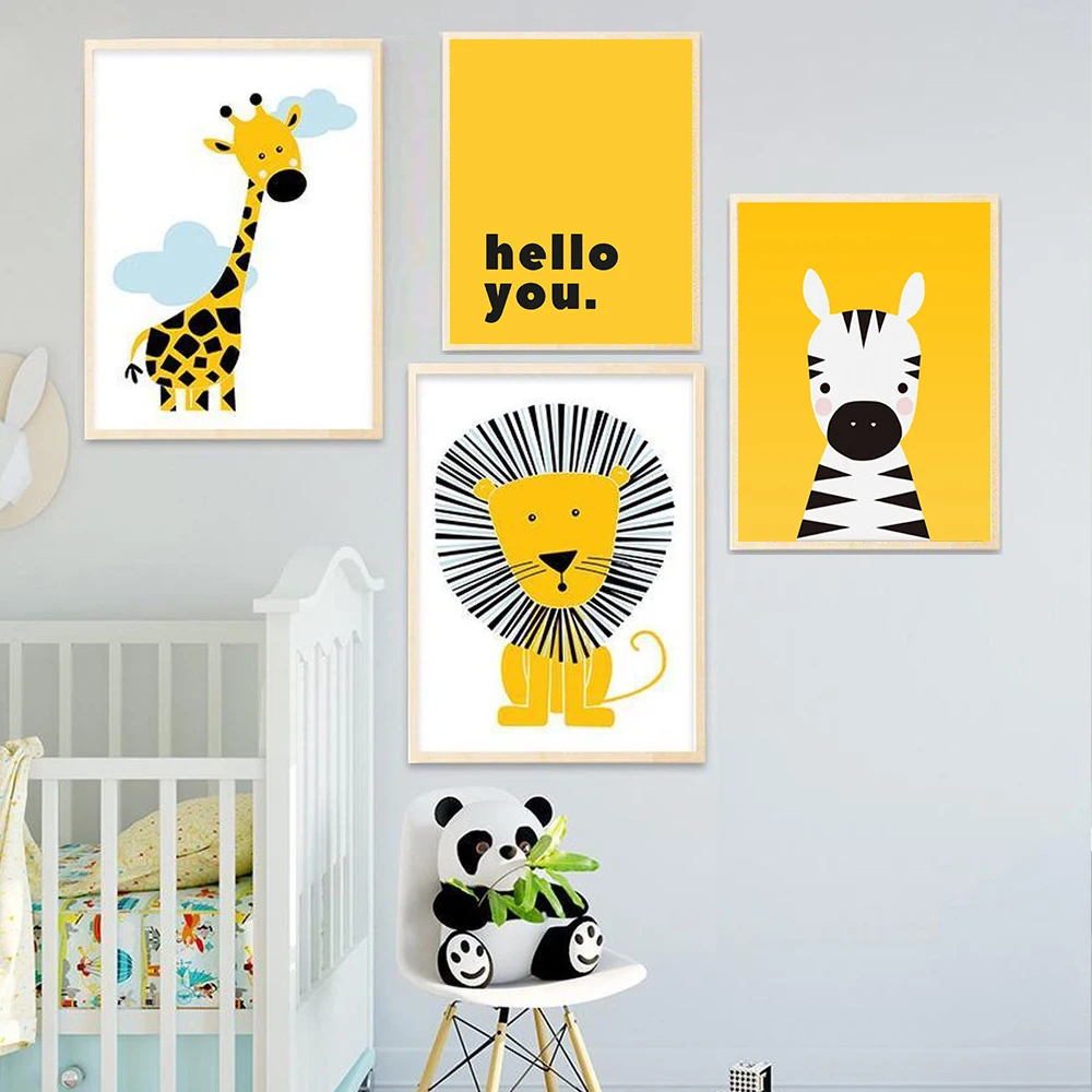 Cartoon Animal Posters Yellow Lion Giraffe Nursery Canvas Painting Wall Art Pictures For Baby Room Decoration Cute Decor | Дом и сад
