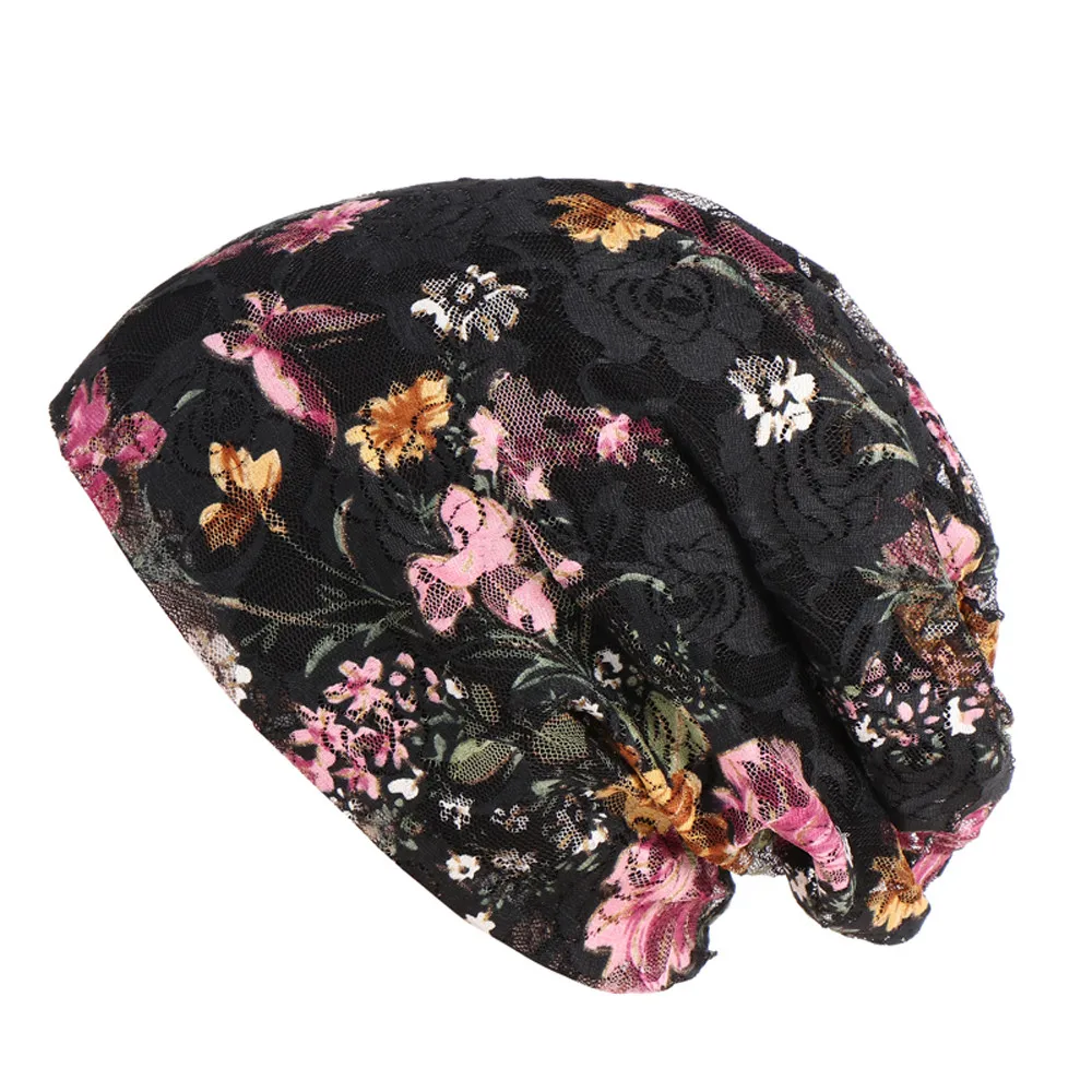 

Muslim Female Hats For Women 2019 Headscarf Floral Print Turban Chemotherapy Wrap Caps For Ladies Flower Cancer Chemo Hats Black