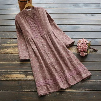 

6726 New Spring Women Dress Literary vintage floral Print Lace Stand Collar Long Sleeve Cotton and linen Midi Dresses Women