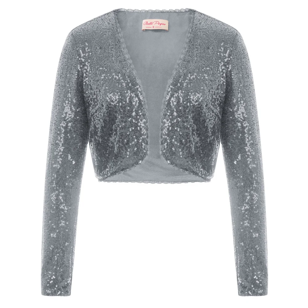 Gray Belle Poque, женские блестящие куртки с блестками и длинным рукавом, укороченная длина, открытая передняя часть, болеро, пальто Шраг, Модный женский кардиган, куртки - Цвет: Gray