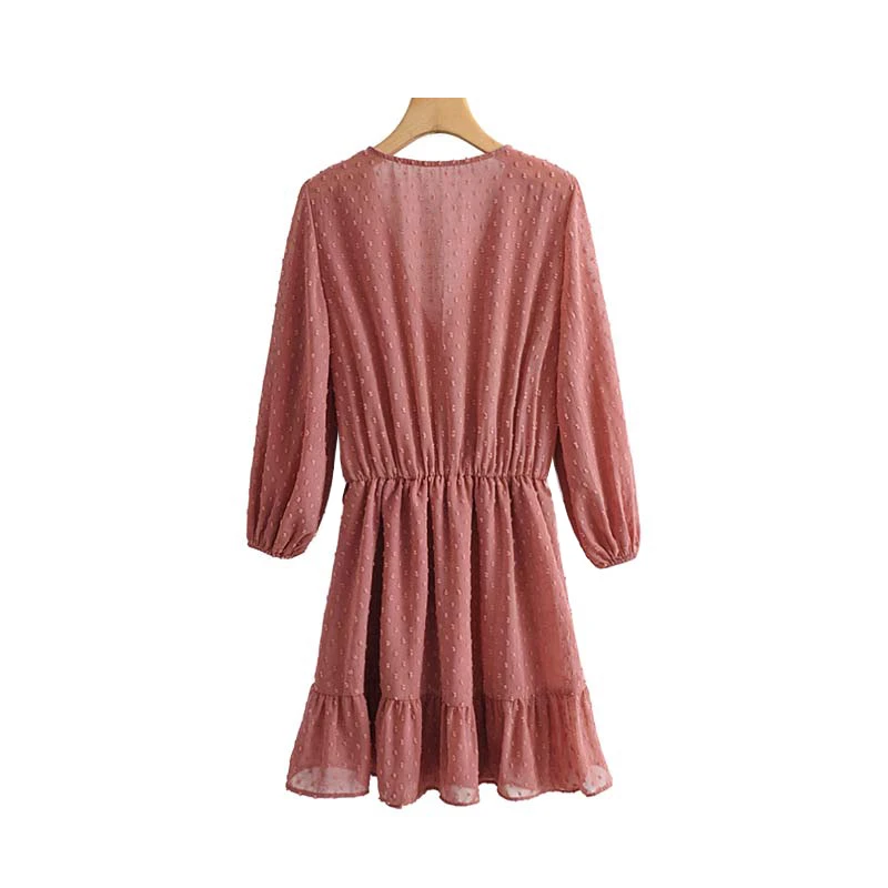 Online Mono elegante Vintage de chifón atado con lazo punteado para mujer 2019 moda cuello en V manga larga cintura elástica Mujer Chic